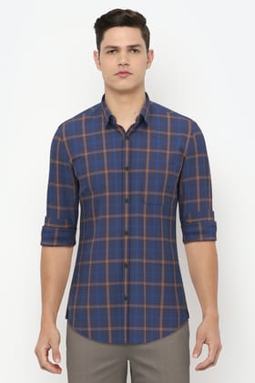 Men Blue Slim Fit Check Full Sleeves Casual Shirt