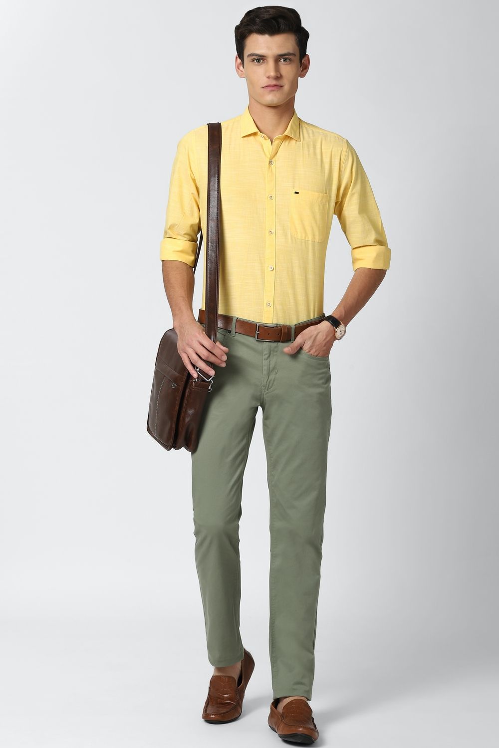 Men Yellow Slim Fit Textured Full Sleeves Casual Shirt