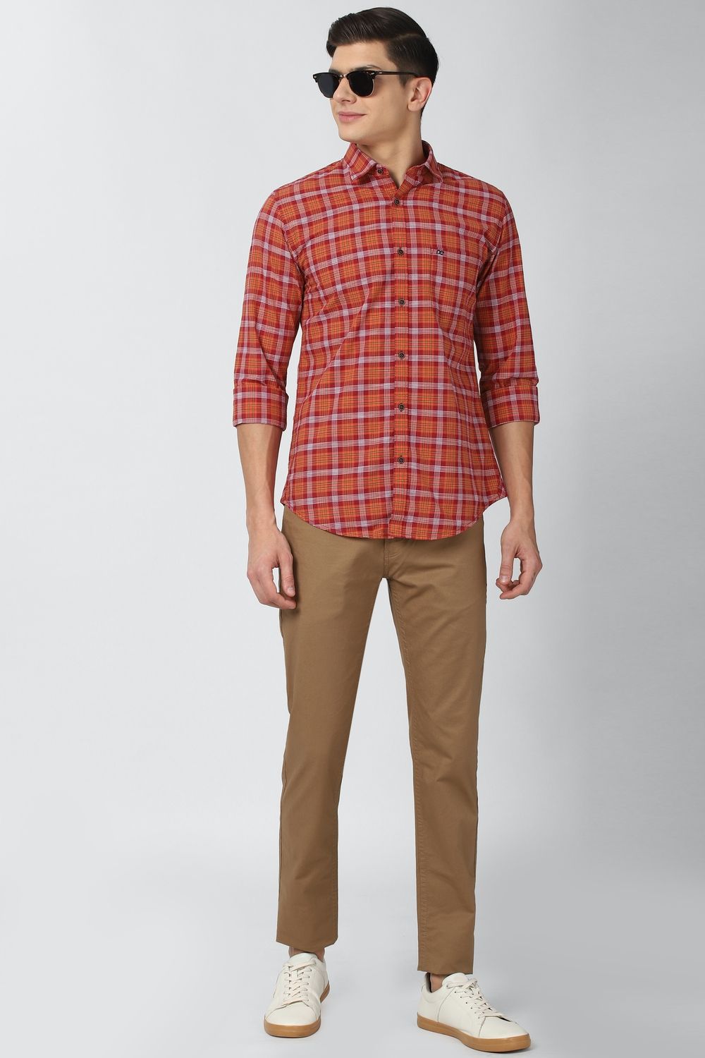 Men Red Slim Fit Check Full Sleeves Casual Shirt