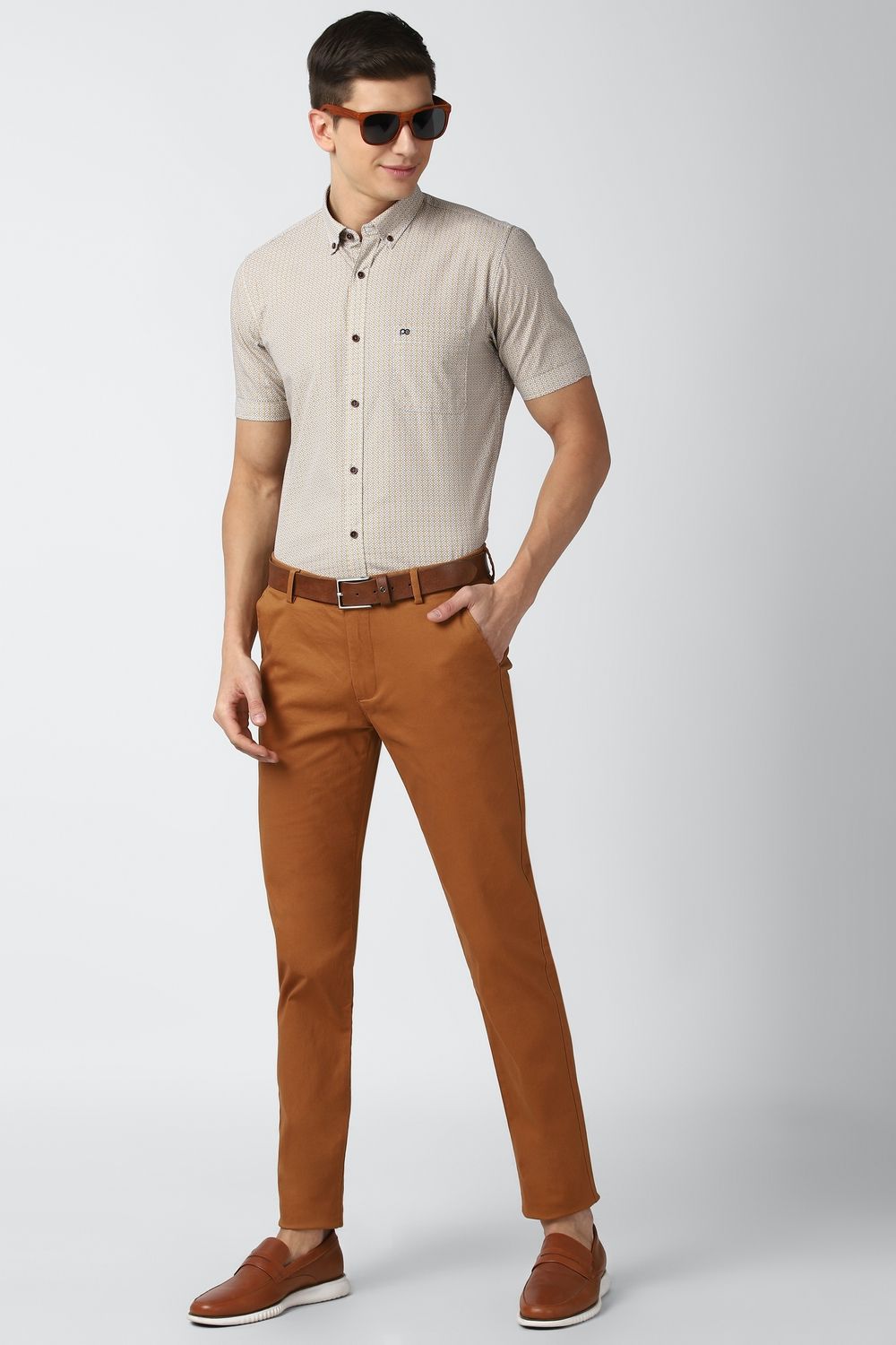 Men Beige Slim Fit Print Half Sleeves Casual Shirt