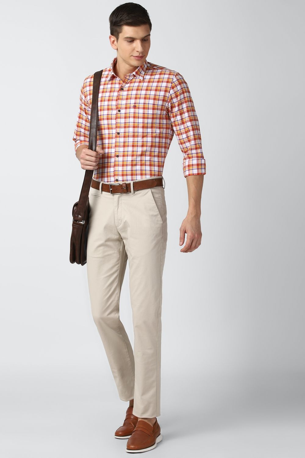 Men Orange Slim Fit Check Full Sleeves Casual Shirt