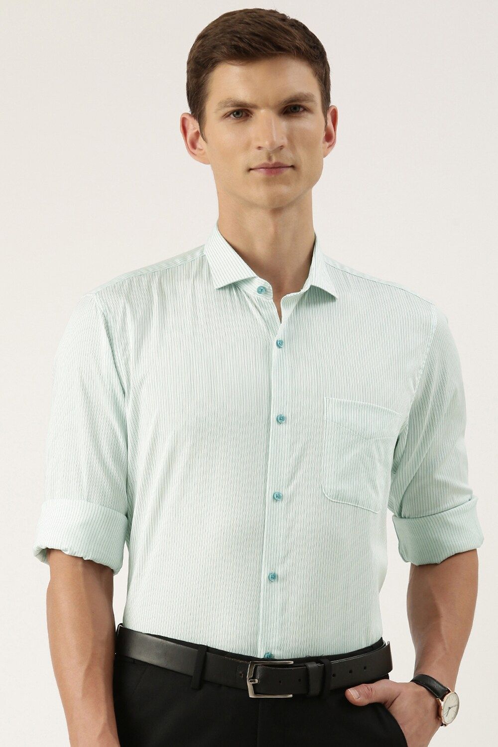 Men Green Regular Fit Formal Full Sleeves Formal Shirt