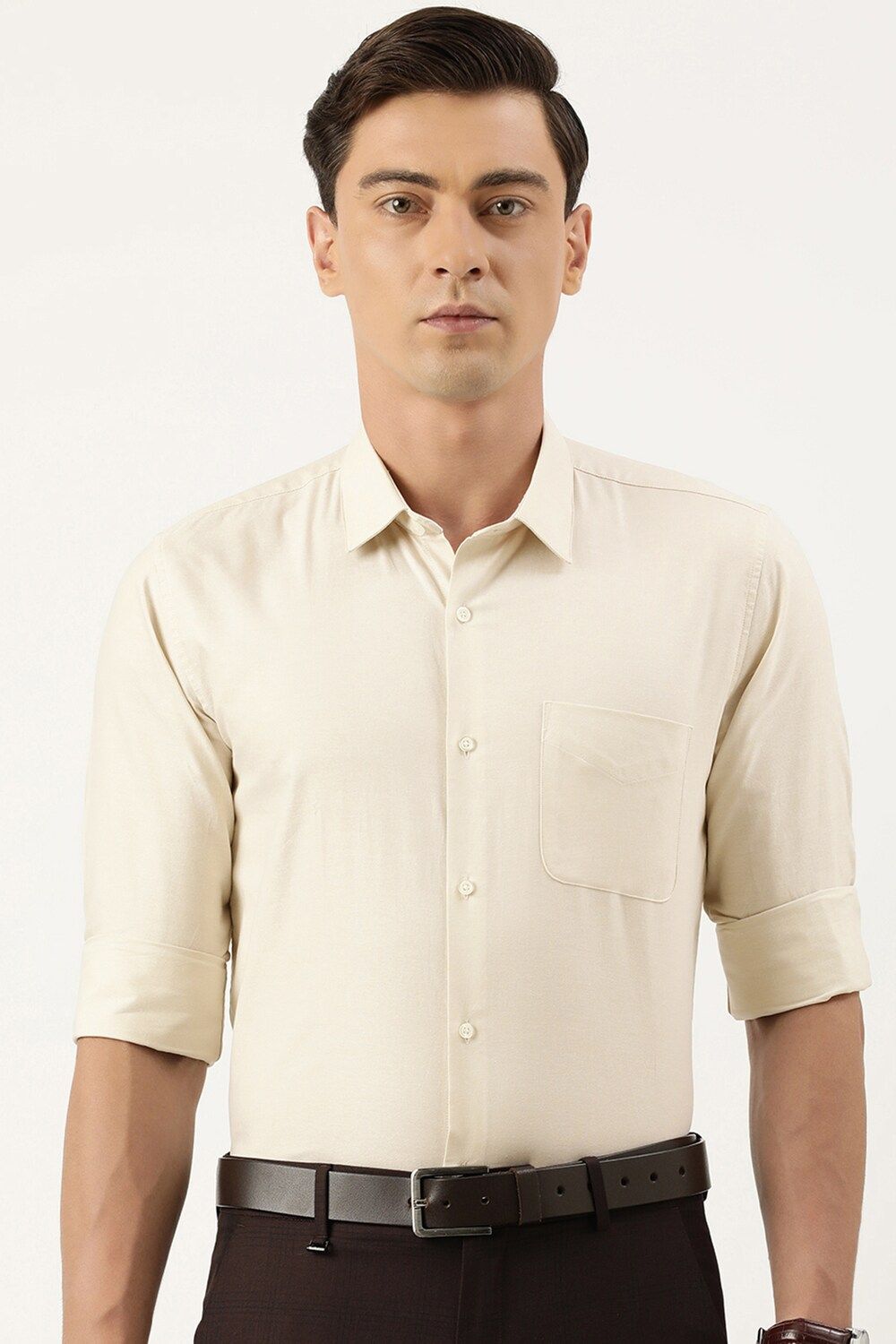 Men Beige Slim Fit Formal Full Sleeves Formal Shirt