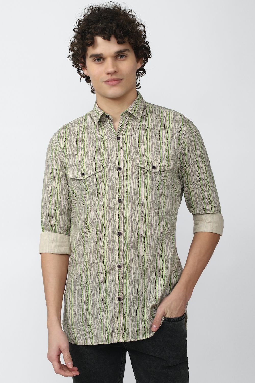 Men Olive Super Slim Fit Print Full Sleeves Casual Shirt