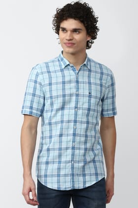 Men Blue Super Slim Fit Check Half Sleeves Casual Shirt
