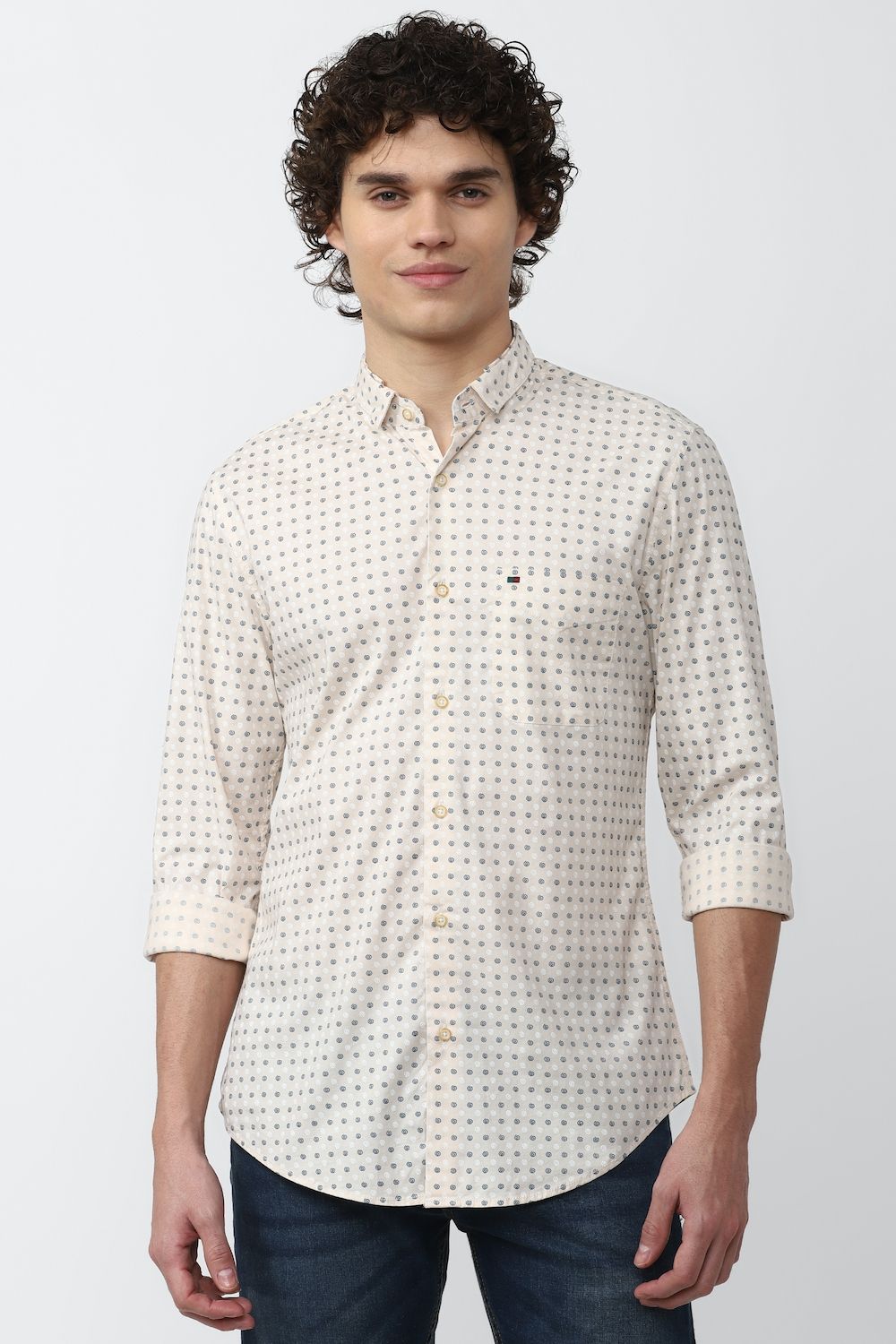 Men Cream Super Slim Fit Print Full Sleeves Casual Shirt