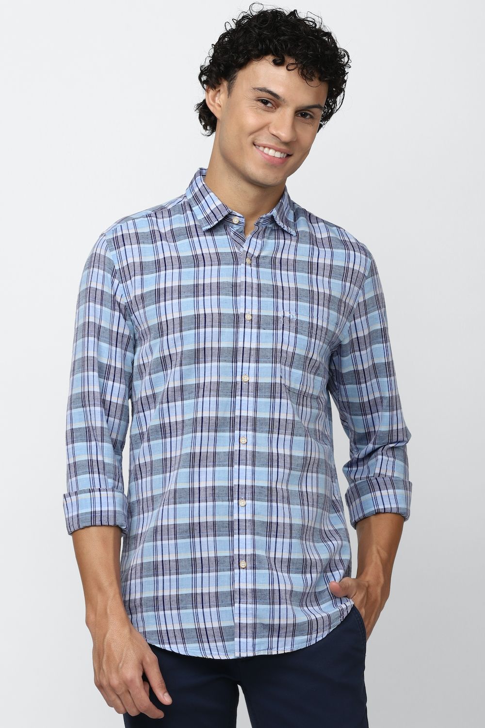 Men Blue Super Slim Fit Check Full Sleeves Casual Shirt