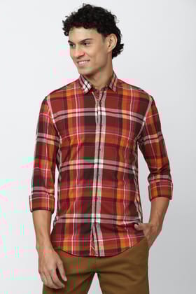 Men Red Super Slim Fit Check Full Sleeves Casual Shirt