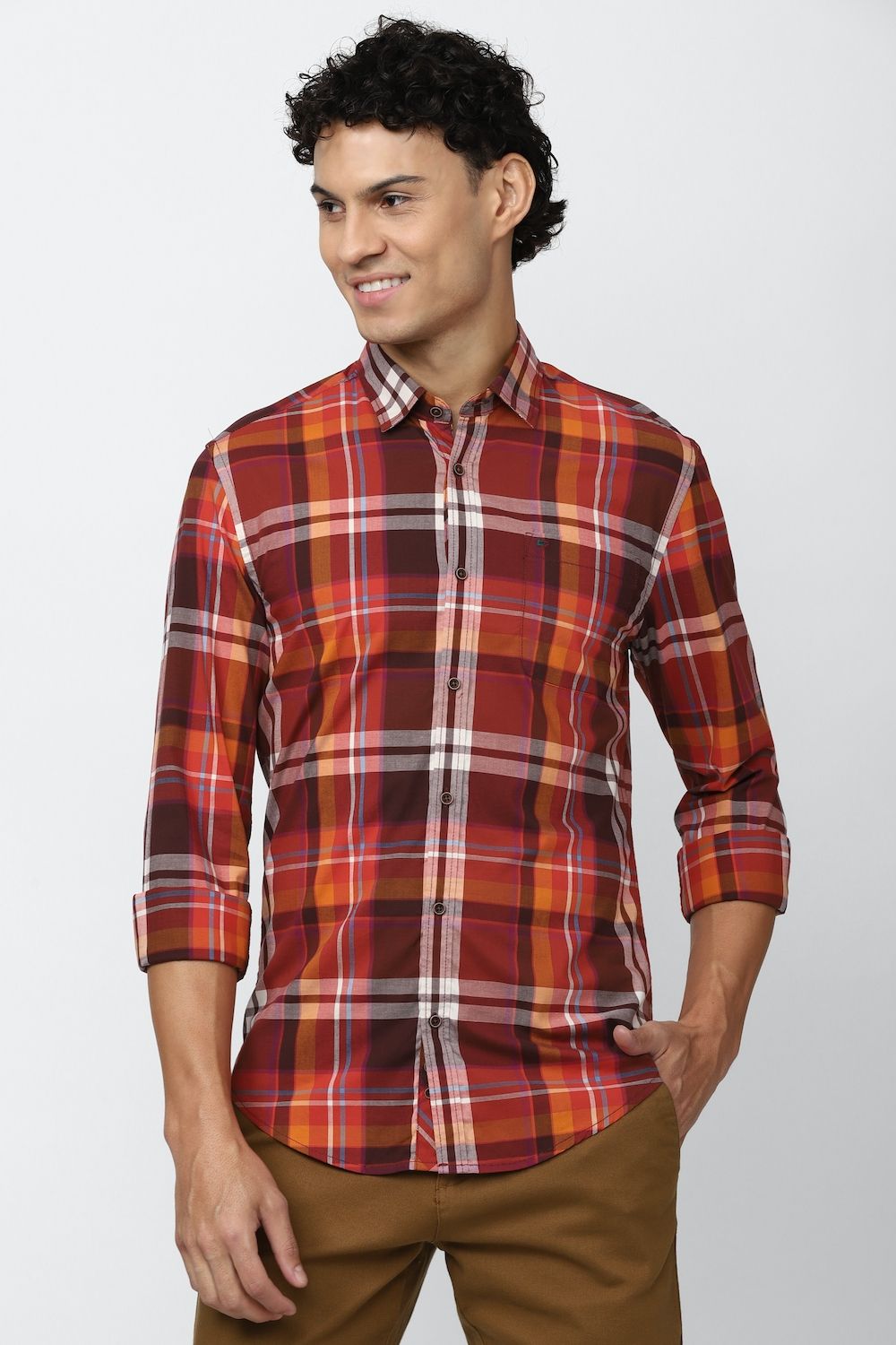 Men Red Super Slim Fit Check Full Sleeves Casual Shirt