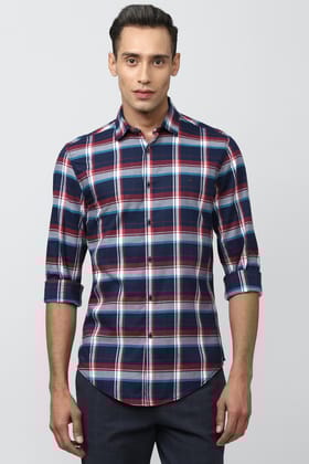 Men Navy Super Slim Fit Check Full Sleeves Casual Shirt