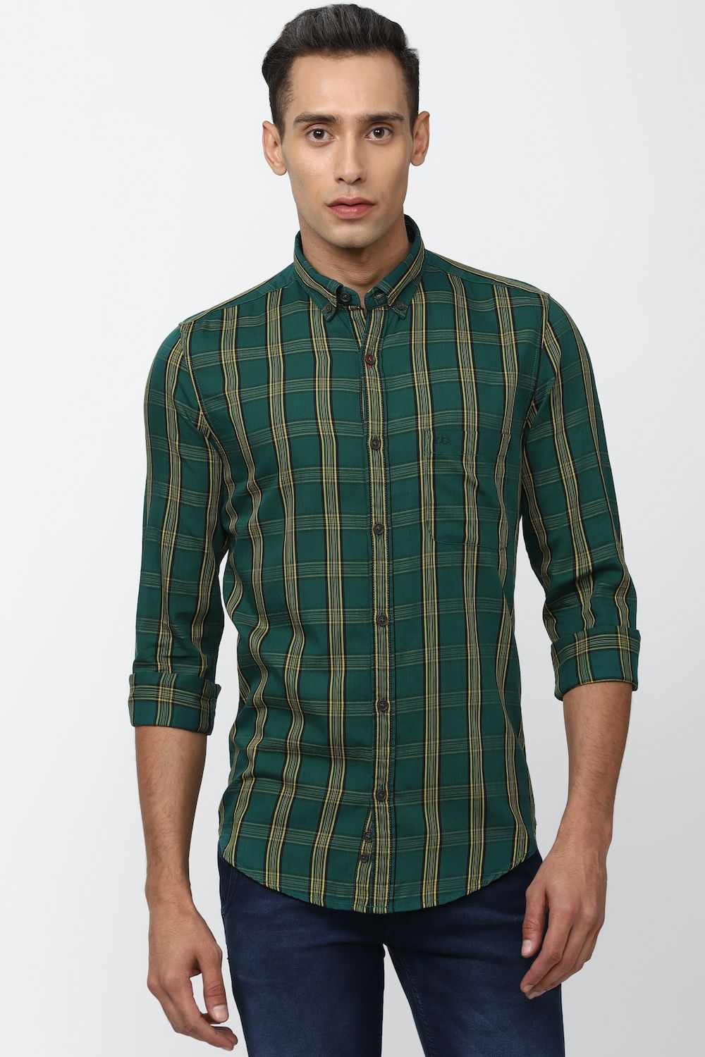 Men Green Super Slim Fit Check Full Sleeves Casual Shirt