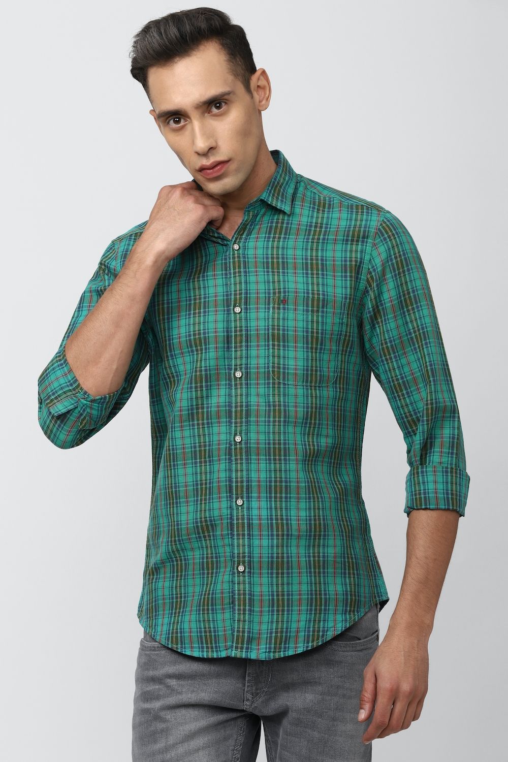 Men Green Super Slim Fit Check Full Sleeves Casual Shirt