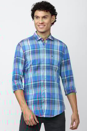 Men Blue Super Slim Fit Check Full Sleeves Casual Shirt