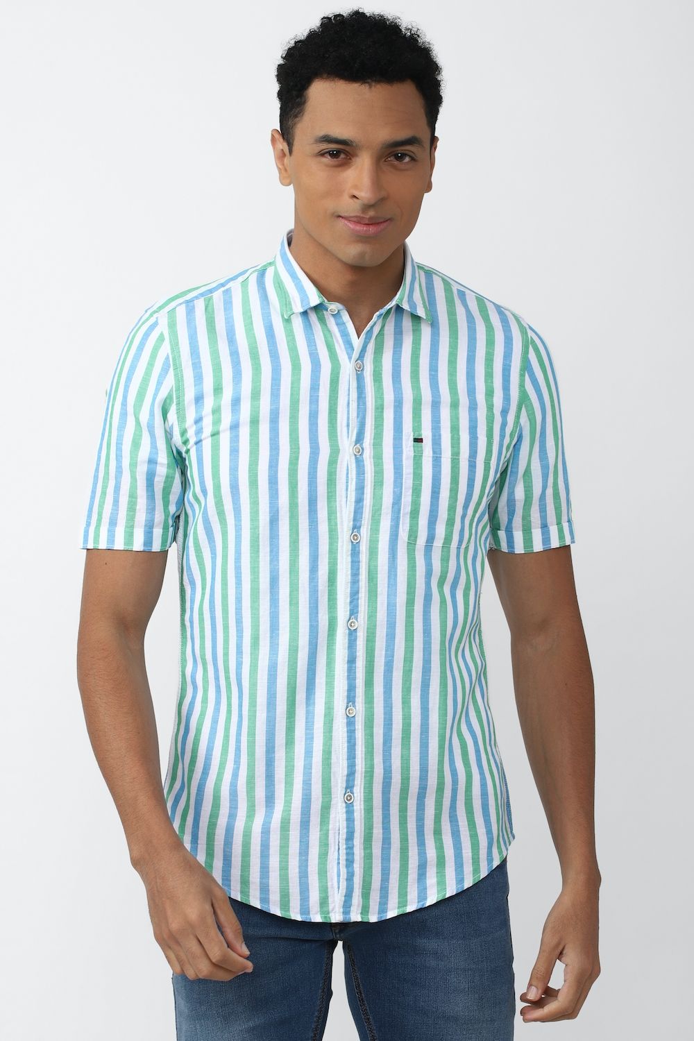 Men Multi Super Slim Fit Stripe Half Sleeves Casual Shirt