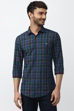 Men Blue Super Slim Fit Check Full Sleeves Casual Shirt