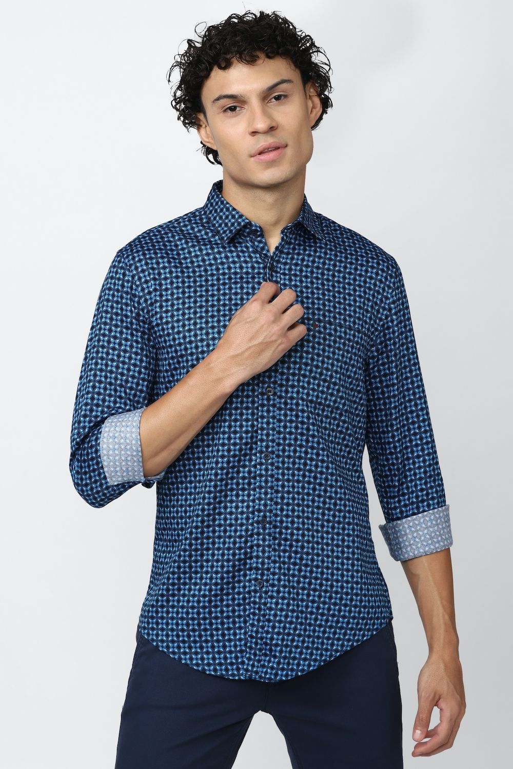 Men Blue Super Slim Fit Print Full Sleeves Casual Shirt