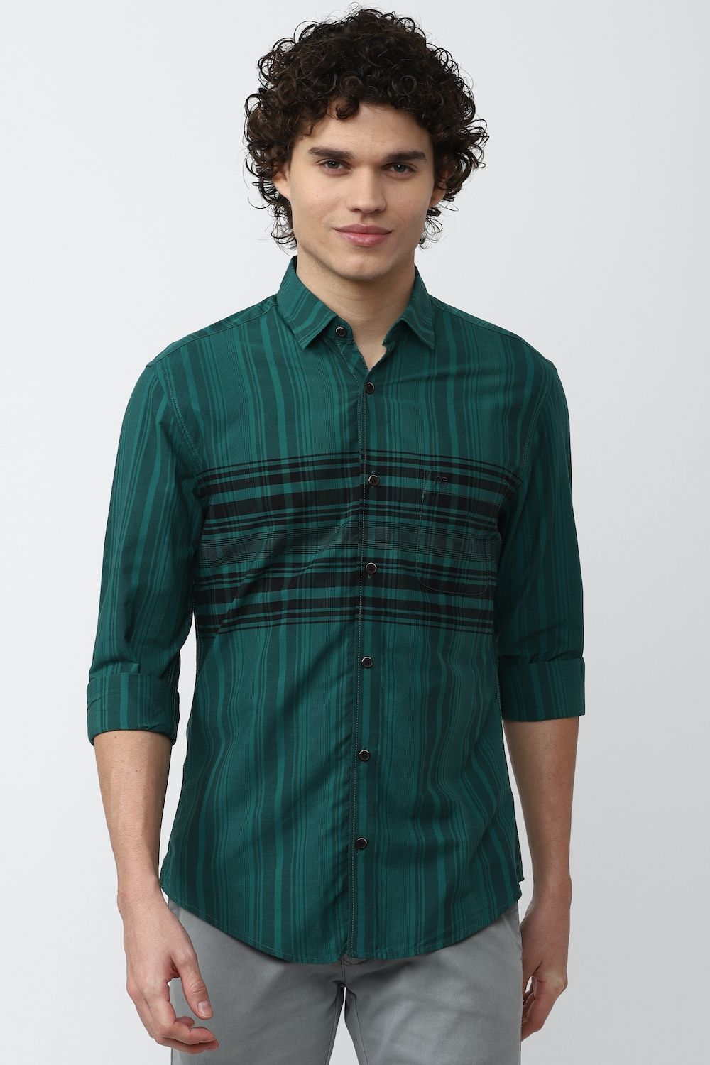Men Green Super Slim Fit Check Full Sleeves Casual Shirt