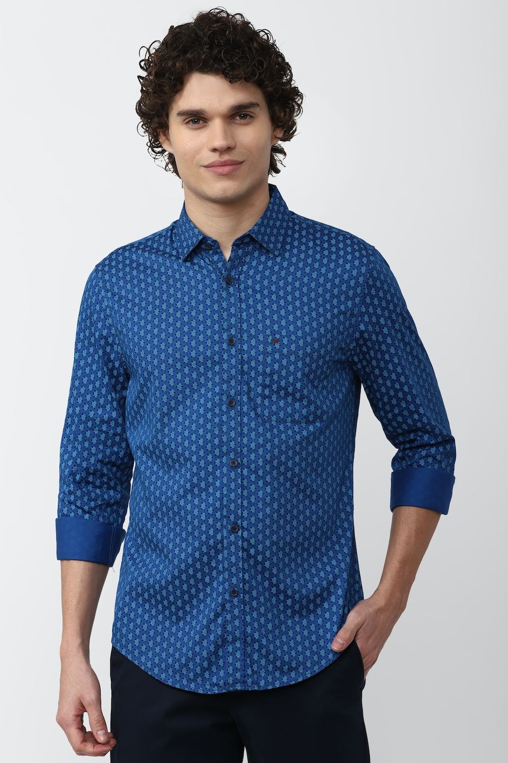 Men Blue Super Slim Fit Print Full Sleeves Casual Shirt