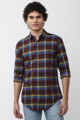 Men Brown Super Slim Fit Check Full Sleeves Casual Shirt