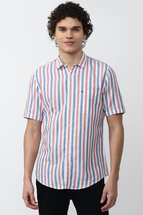 Men White Super Slim Fit Stripe Half Sleeves Casual Shirt