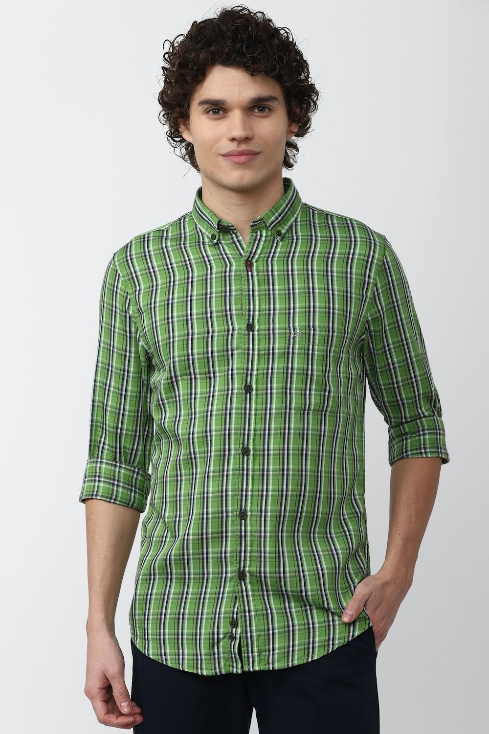 Men Green Super Slim Fit Check Full Sleeves Casual Shirt