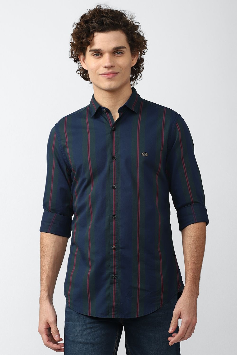 Men Navy Super Slim Fit Stripe Full Sleeves Casual Shirt