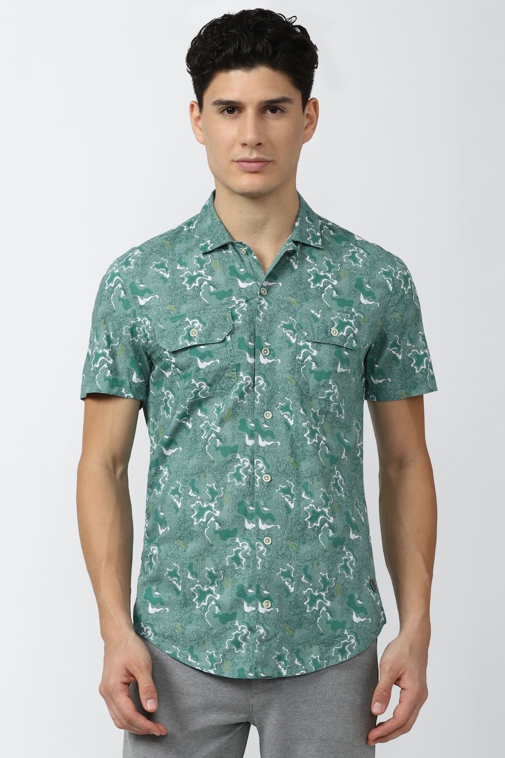 Men Green Super Slim Fit Print Half Sleeves Casual Shirt