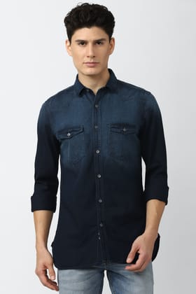 Men Navy Super Slim Fit Solid Full Sleeves Casual Shirt