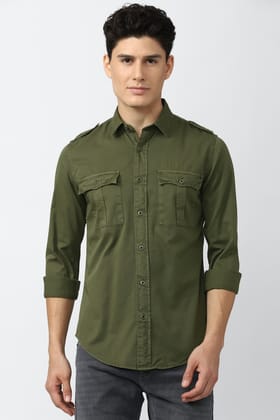 Men Olive Super Slim Fit Solid Full Sleeves Casual Shirt