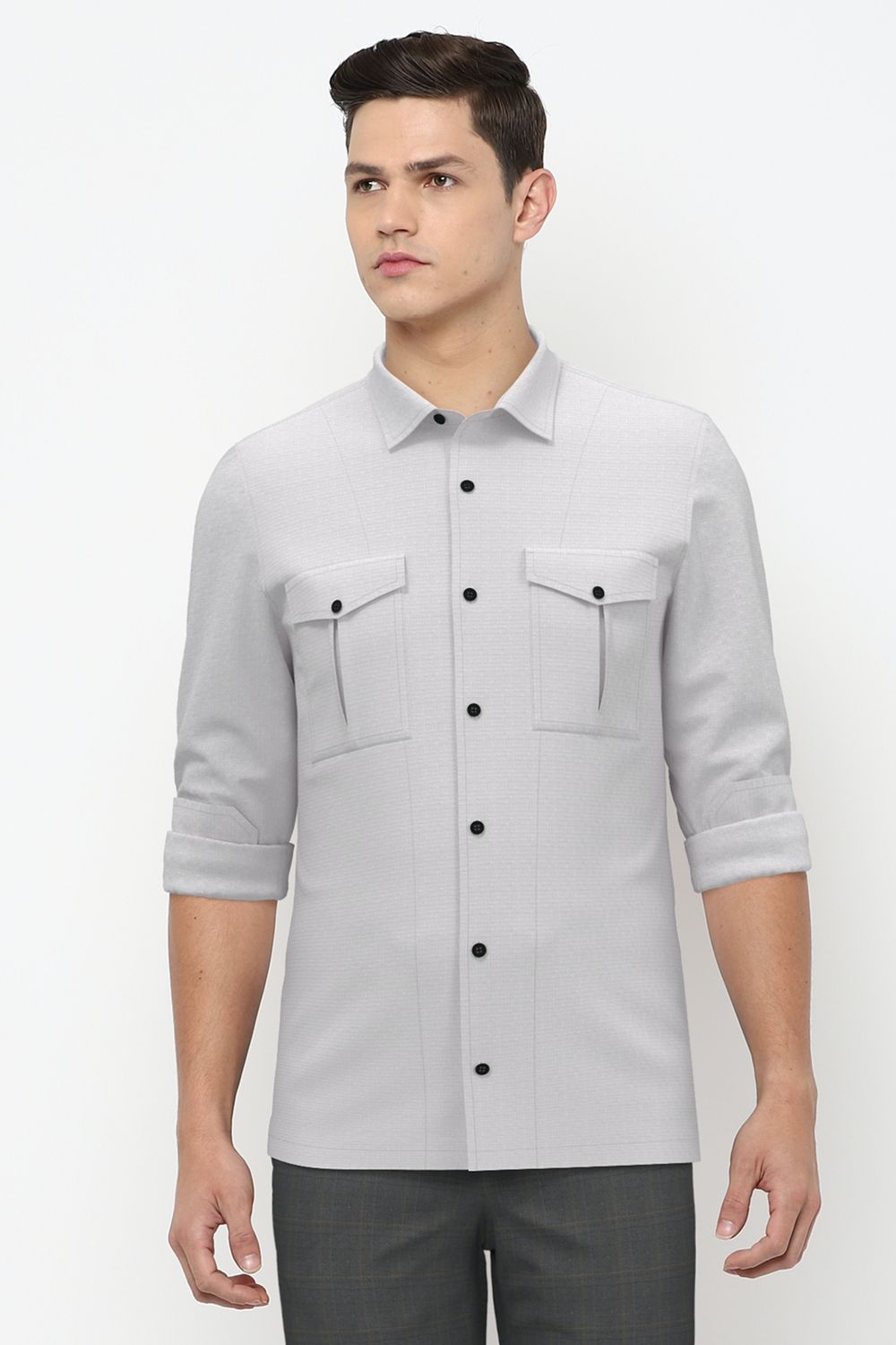 Men Grey Slim Fit Solid Full Sleeves Casual Shirt