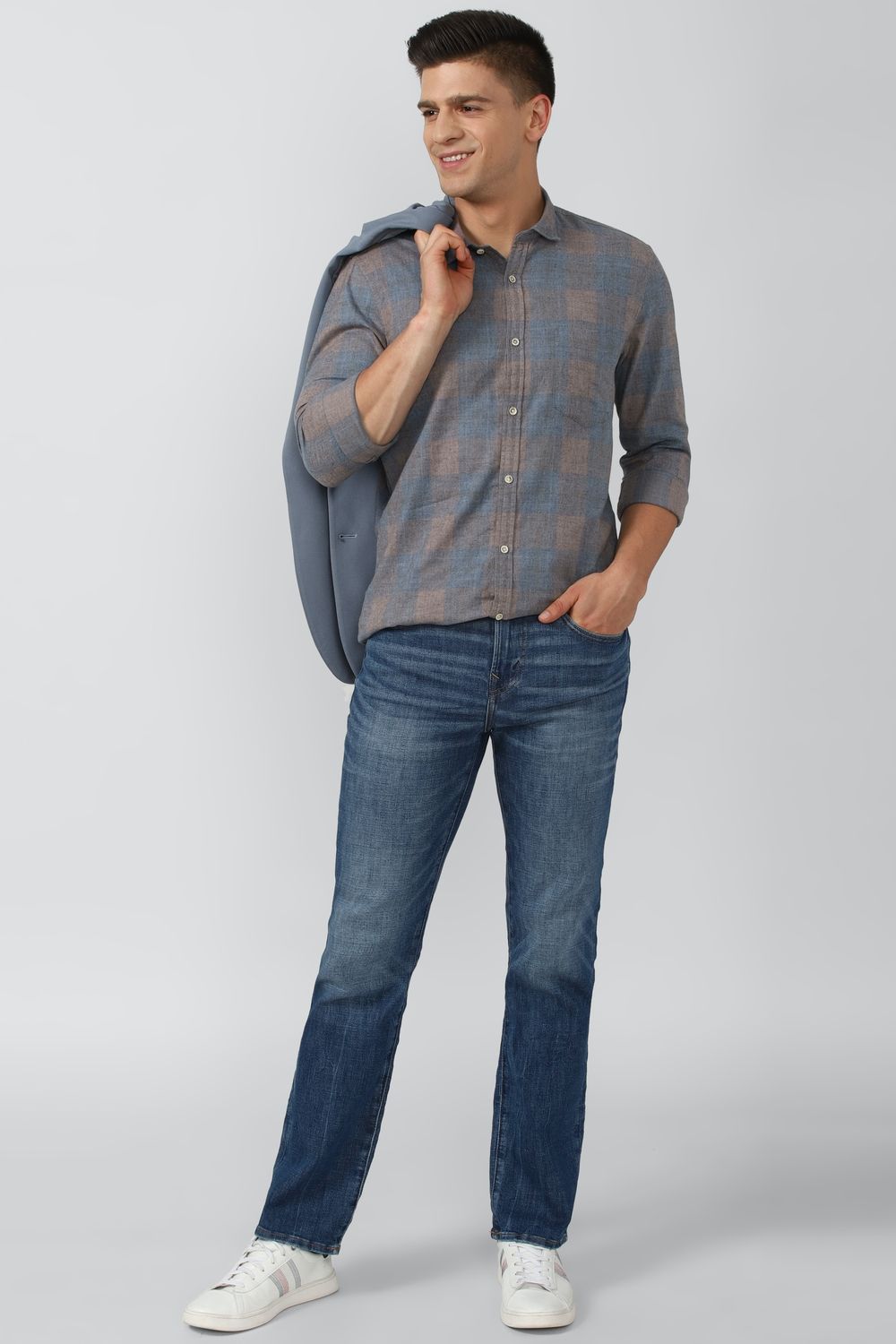 Men Grey Super Slim Fit Check Full Sleeves Casual Shirt