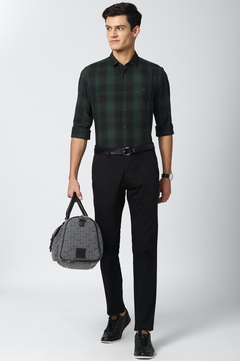 Men Black Super Slim Fit Check Full Sleeves Casual Shirt