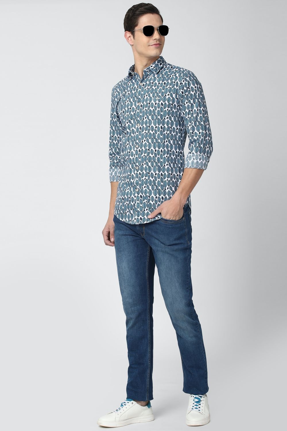 Men Blue Super Slim Fit Print Full Sleeves Casual Shirt