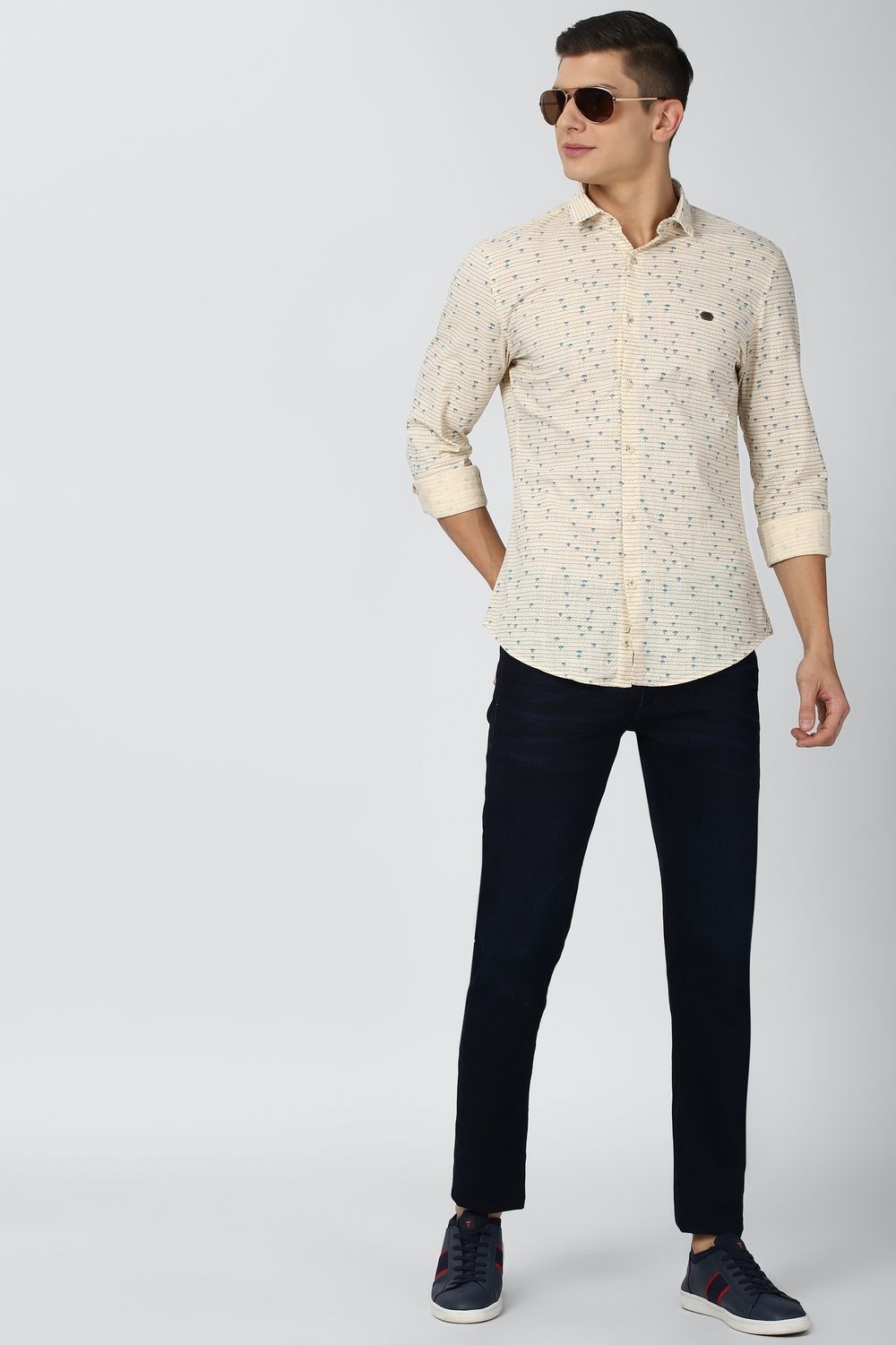 Men Cream Super Slim Fit Print Full Sleeves Casual Shirt