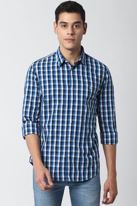 Men Blue Super Slim Fit Check Full Sleeves Casual Shirt