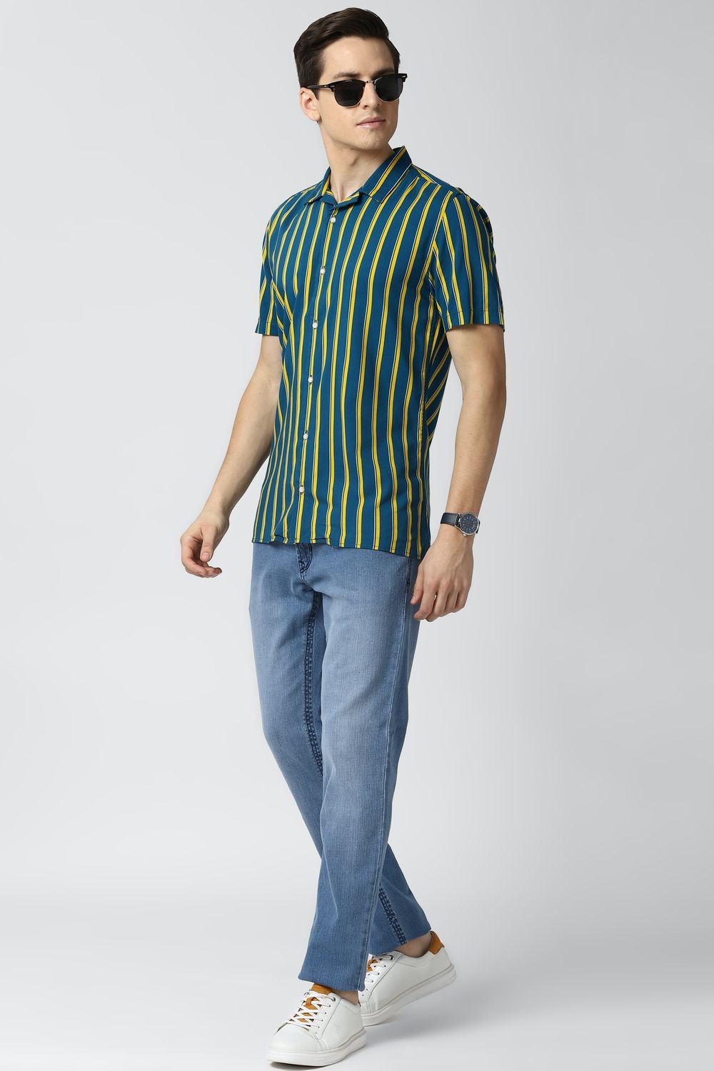 Men Blue Super Slim Fit Stripe Half Sleeves Casual Shirt