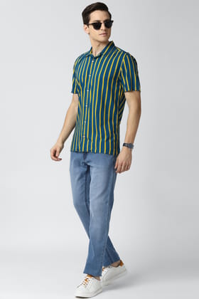 Men Blue Super Slim Fit Stripe Half Sleeves Casual Shirt