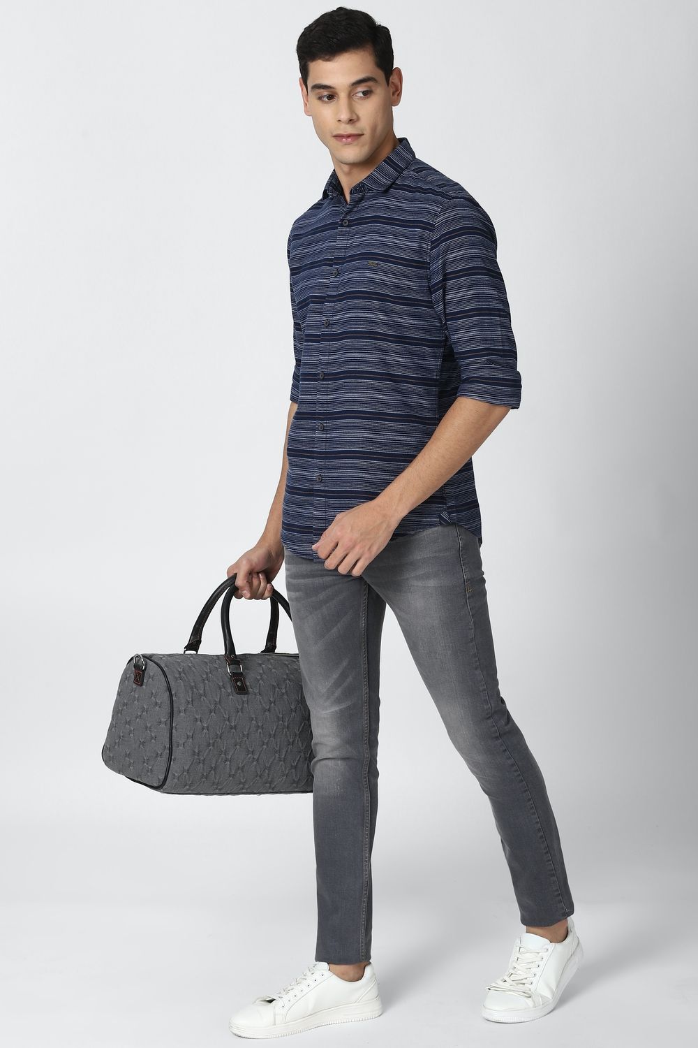 Men Navy Super Slim Fit Stripe Full Sleeves Casual Shirt