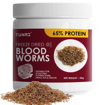 Tunai Superior Freeze Dried Blood Worms Natural Fish Food for Tropical Fishes Like Arowana, Oscar, Gold Fish, Flowerhorn, and Discus (50g - Freeze Dried Blood Worms) with 65% Protein