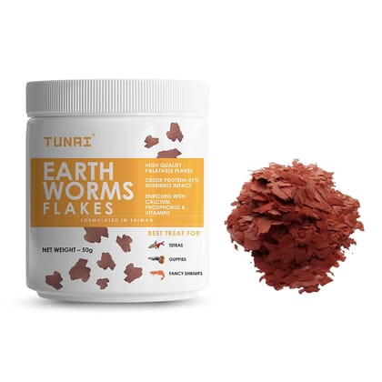 Tunai Earth Worm Flakes with 51% Protein |50g| Supplement Treat, Boost Color and Fish Food for Tetras, Guppies and Fancy Shrimps