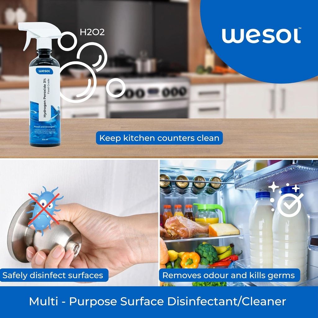Wesol Hydrogen Peroxide 3% Food Grade | Multi-Use Disinfectant | Kills 99.9% Germs & Viruses | 500ml Pack - Best For Cleaning, General disinfection, deodorising, Hydroponics, Food production units.