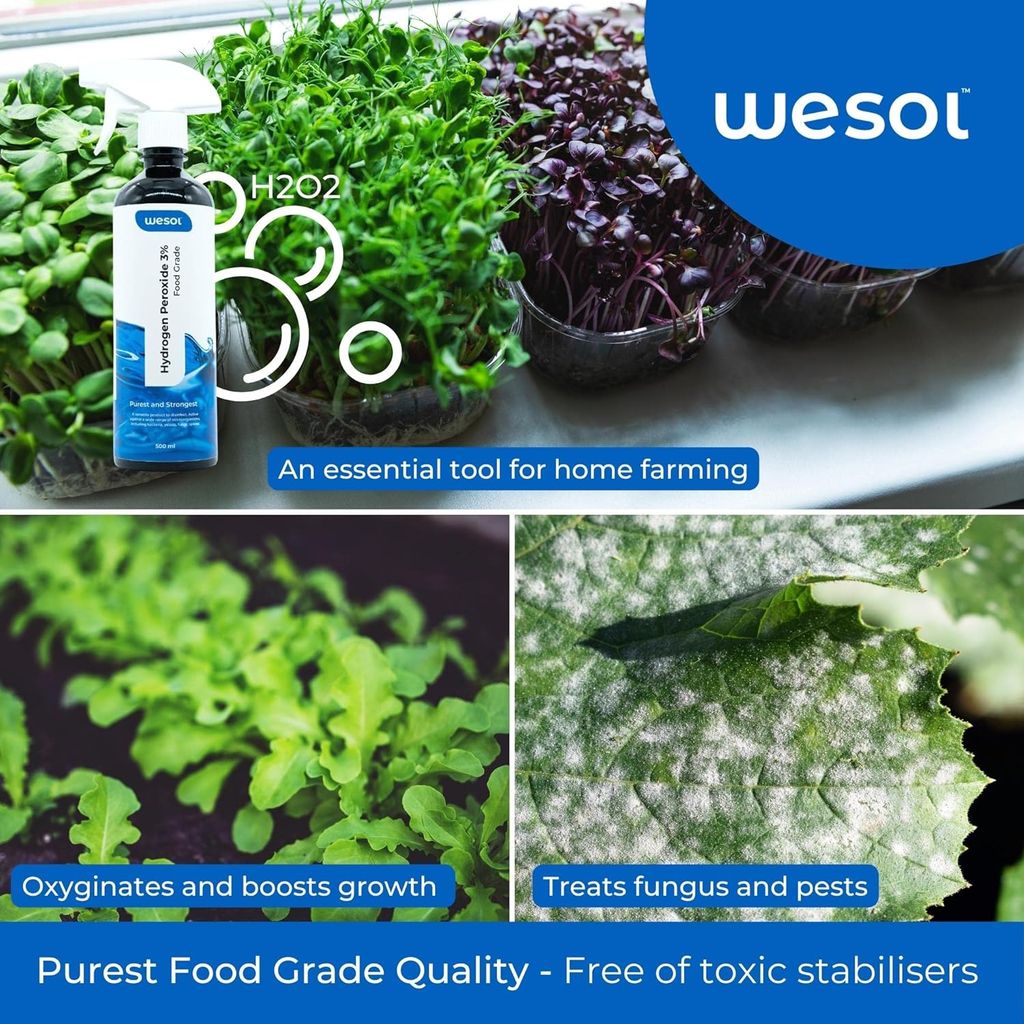 Wesol Hydrogen Peroxide 3% Food Grade | Multi-Use Disinfectant | Kills 99.9% Germs & Viruses | 500ml Pack - Best For Cleaning, General disinfection, deodorising, Hydroponics, Food production units.