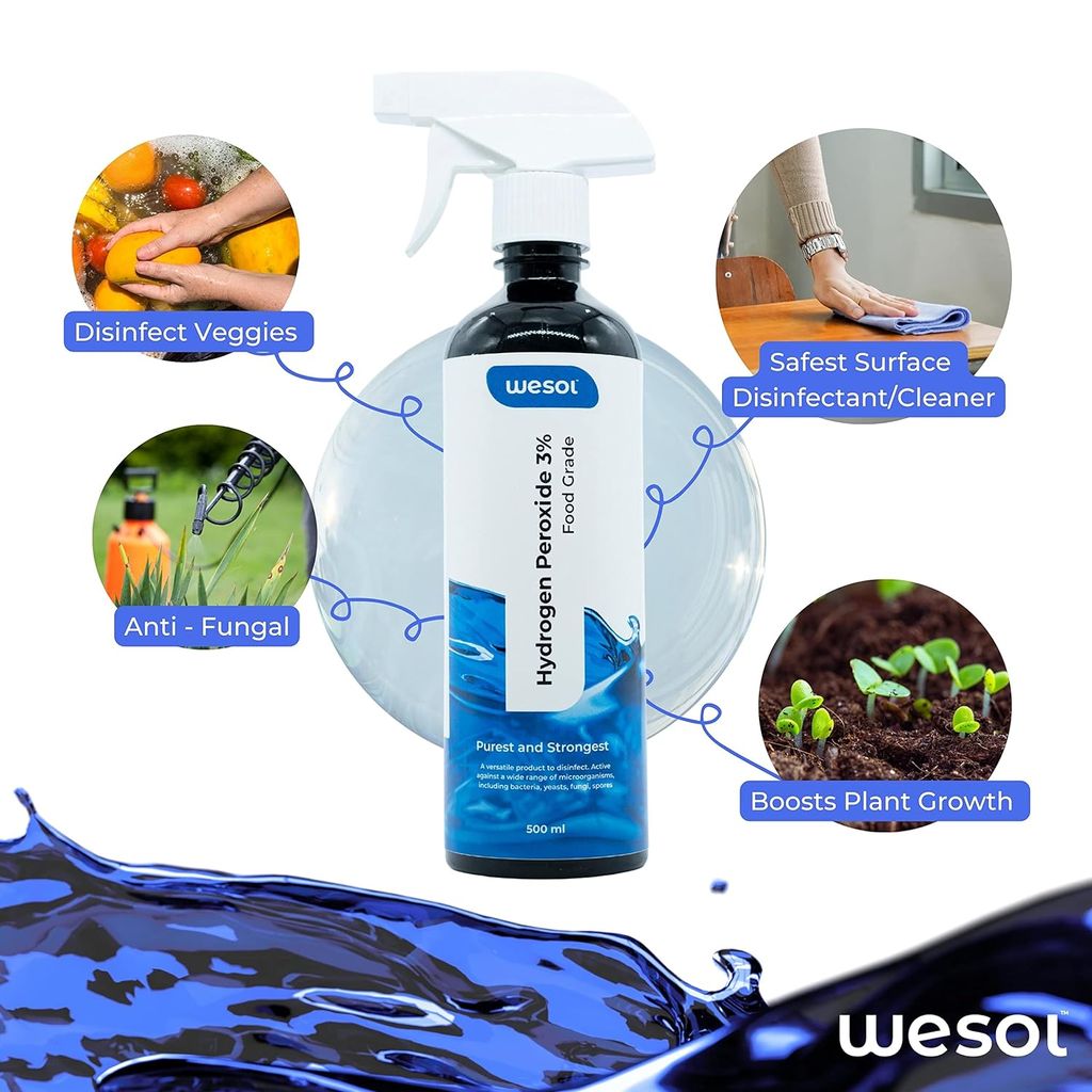 Wesol Hydrogen Peroxide 3% Food Grade | Multi-Use Disinfectant | Kills 99.9% Germs & Viruses | 500ml Pack - Best For Cleaning, General disinfection, deodorising, Hydroponics, Food production units.