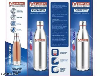 Surabhi supremo thermo steel 1000 ml Vaccum water bottle silver color