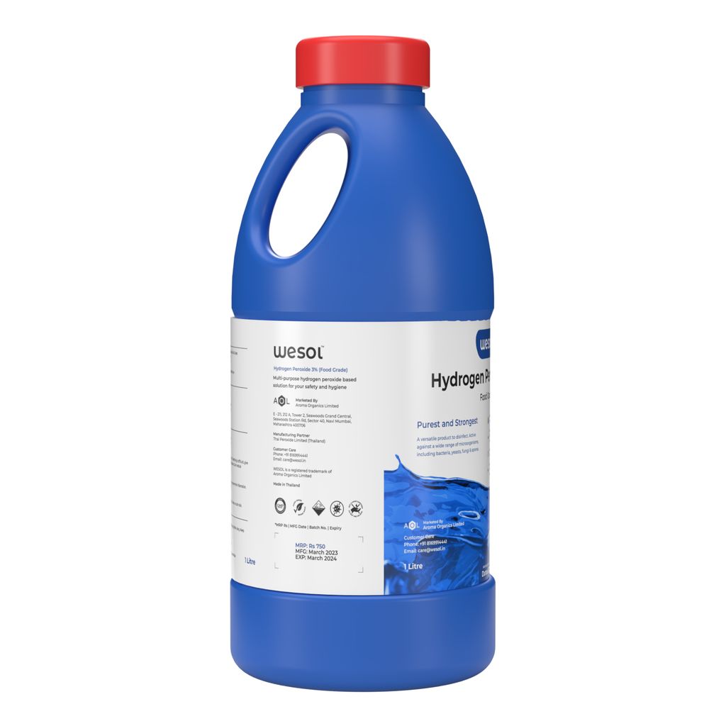 Wesol Hydrogen Peroxide 3% Food Grade | Multi-Use Disinfectant | Kills 99.9% Germs & Viruses | 1 Litre Pack - Best For Cleaning, General disinfection, deodorising, Hydroponics, Food production units.