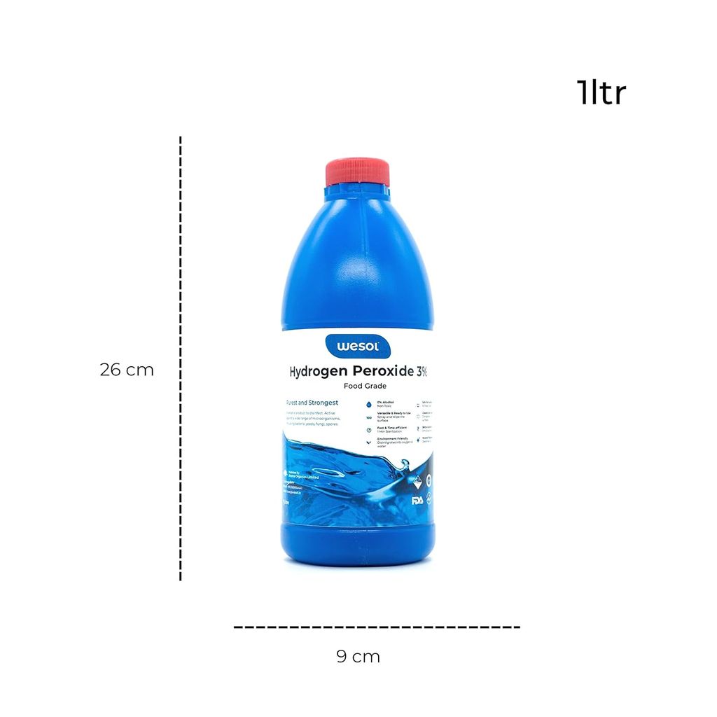 Wesol Hydrogen Peroxide 3% Food Grade | Multi-Use Disinfectant | Kills 99.9% Germs & Viruses | 1 Litre Pack - Best For Cleaning, General disinfection, deodorising, Hydroponics, Food production units.