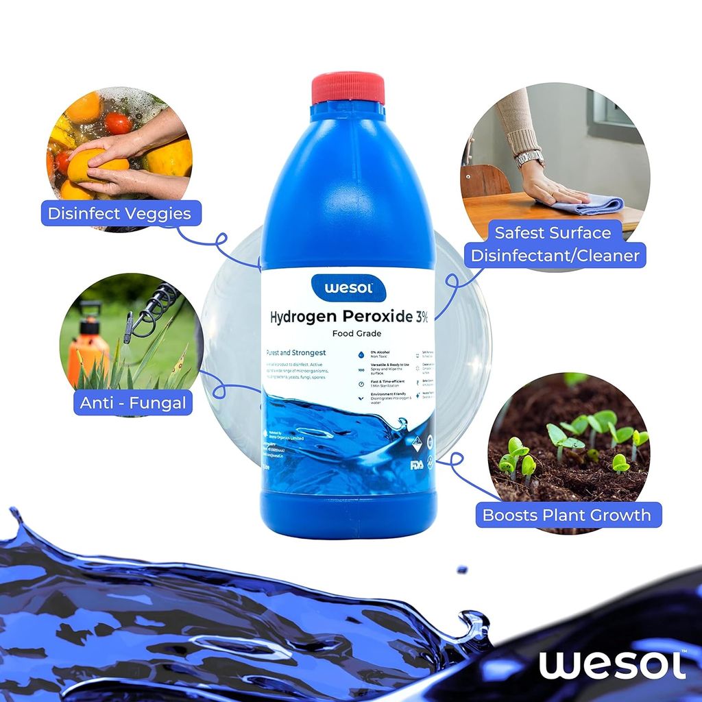 Wesol Hydrogen Peroxide 3% Food Grade | Multi-Use Disinfectant | Kills 99.9% Germs & Viruses | 1 Litre Pack - Best For Cleaning, General disinfection, deodorising, Hydroponics, Food production units.