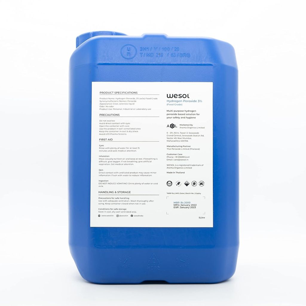 Wesol Hydrogen Peroxide 3% Food Grade | Multi-Use Disinfectant | Kills 99.9% Germs & Viruses | 5 Litre Pack - Best For Cleaning, General disinfection, deodorising, Hydroponics, Food production units.