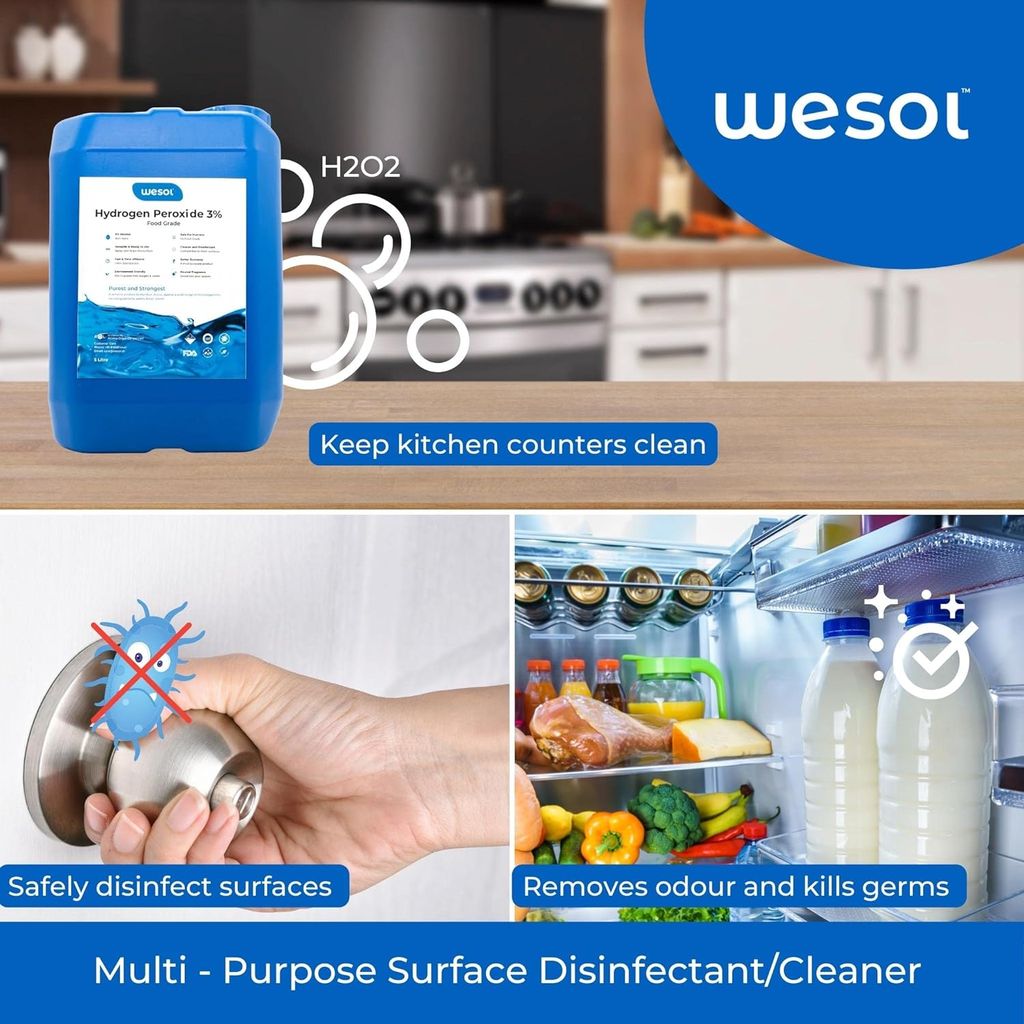 Wesol Hydrogen Peroxide 3% Food Grade | Multi-Use Disinfectant | Kills 99.9% Germs & Viruses | 5 Litre Pack - Best For Cleaning, General disinfection, deodorising, Hydroponics, Food production units.