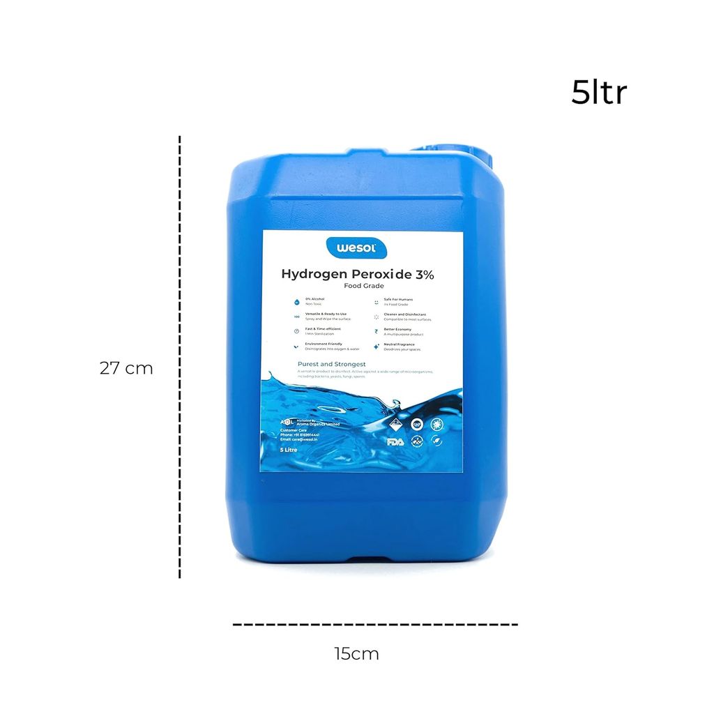 Wesol Hydrogen Peroxide 3% Food Grade | Multi-Use Disinfectant | Kills 99.9% Germs & Viruses | 5 Litre Pack - Best For Cleaning, General disinfection, deodorising, Hydroponics, Food production units.